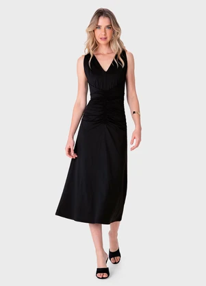 Enfim - Vestido Mídi Evasê com Franzido Preto - ENFIM