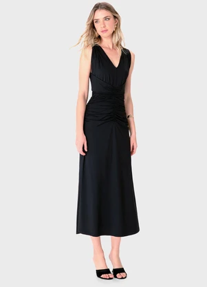 Enfim - Vestido Mídi Evasê com Franzido Preto - ENFIM