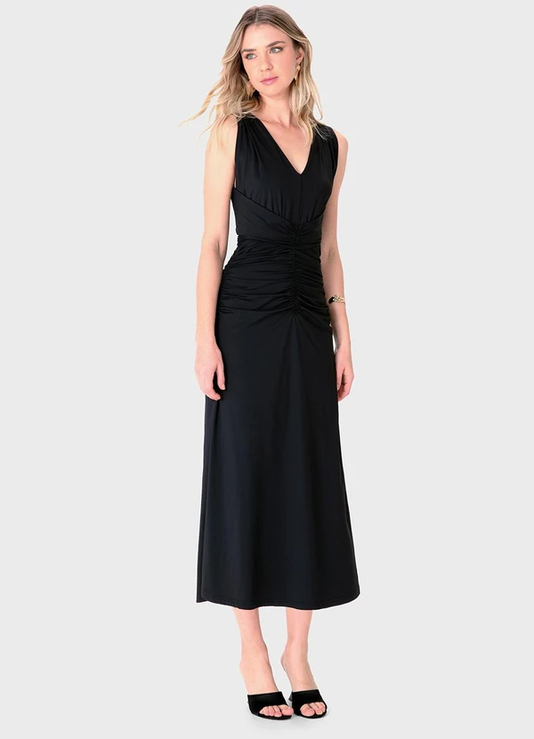 Enfim - Vestido Mídi Evasê com Franzido Preto 2