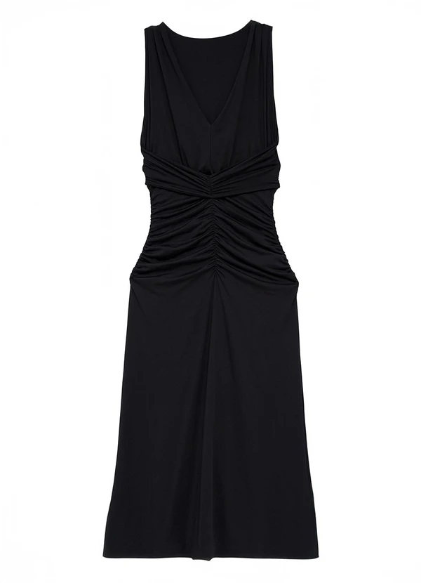 Enfim - Vestido Mídi Evasê com Franzido Preto 3