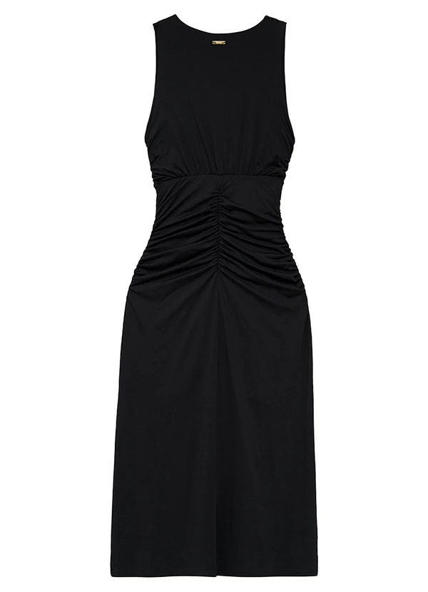 Enfim - Vestido Mídi Evasê com Franzido Preto 4