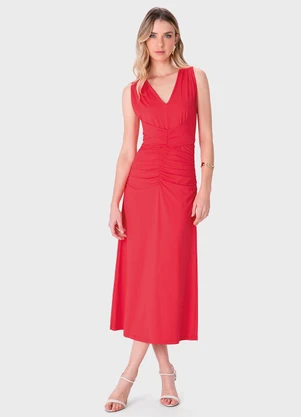 Enfim - Vestido Mídi Evasê com Franzido Vermelho - ENFIM