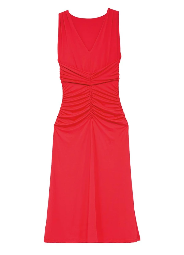 Enfim - Vestido Mídi Evasê com Franzido Vermelho 2