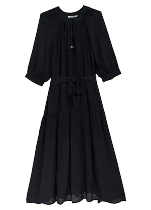 Malwee - Vestido Mídi Evasê em Crepe Preto - MALWEE