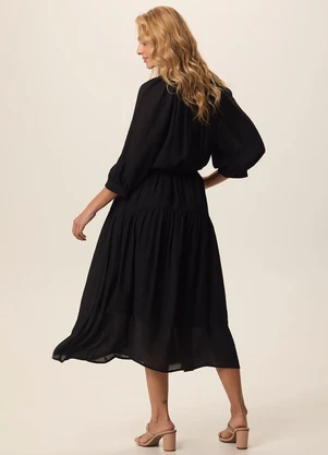 Malwee - Vestido Mídi Evasê em Crepe Preto - MALWEE