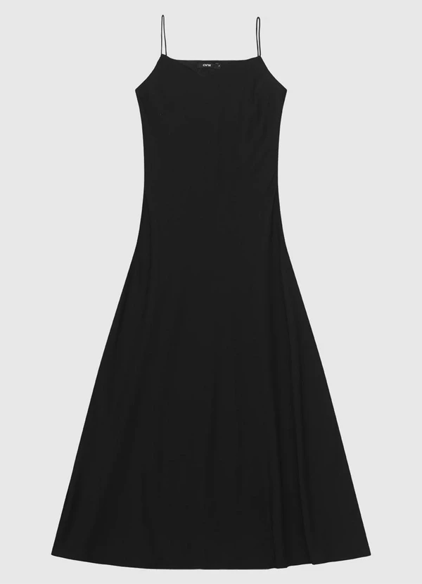 Enfim - Vestido Mídi Evasê em Tafetá Preto