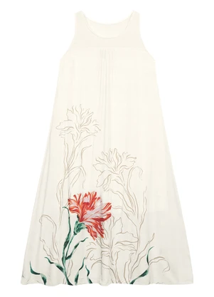 Malwee - Vestido Mídi Evasê Floral Branco - MALWEE