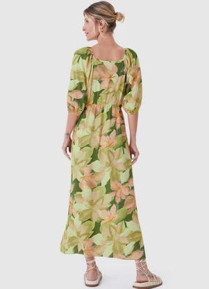 Malwee - Vestido Mídi Evasê Floral Verde Limão - MALWEE