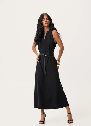 Enfim - Vestido Mídi Evasê Sarjado Preto - ENFIM