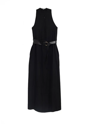 Enfim - Vestido Mídi Evasê Sarjado Preto - ENFIM