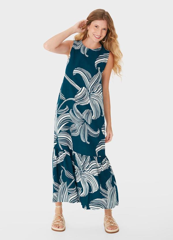 Malwee - Vestido Mídi Evasê Tropical Azul Petróleo