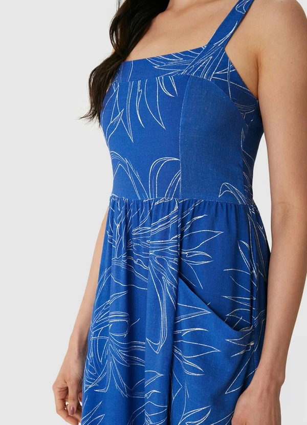 Malwee - Vestido Mídi Evasê Tropical Azul Royal 5