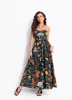 Farm - Vestido Midi Fauna Noturna Preto - FARM