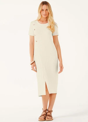 Marialícia - Vestido Midi Feminino Canelado Linho Bege - MARIALÍCIA