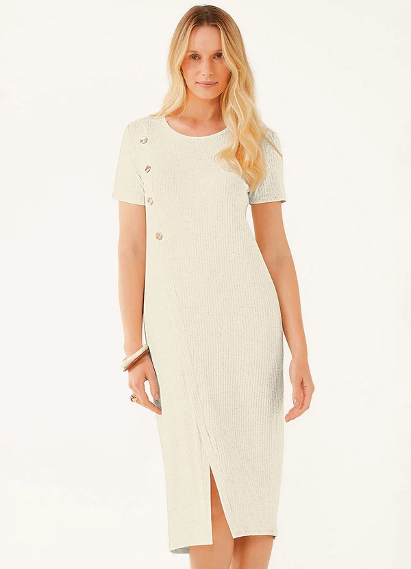 Marialícia - Vestido Midi Feminino Canelado Linho Bege