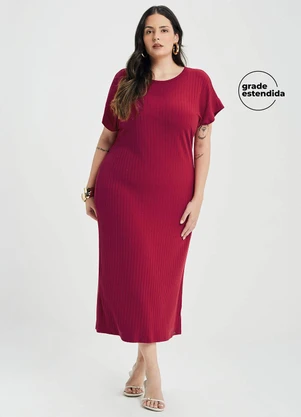Marialícia - Vestido Midi Feminino Canelado Vermelho - MARIALÍCIA