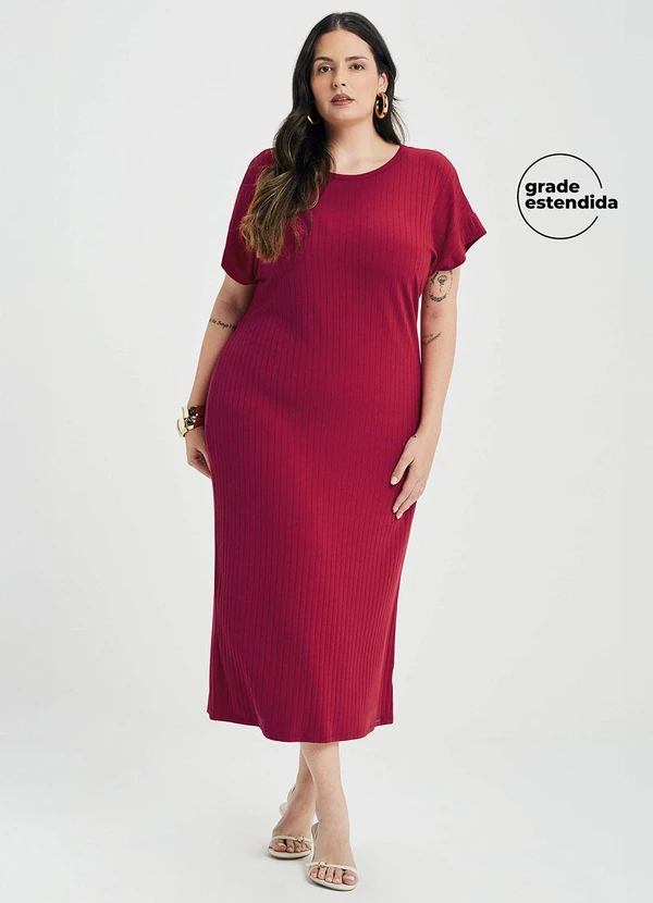 Marialícia - Vestido Midi Feminino Canelado Vermelho