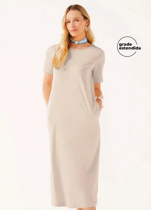 Marialícia - Vestido Midi Feminino com Bolsos Bege - MARIALÍCIA