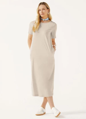 Marialícia - Vestido Midi Feminino com Bolsos Bege - MARIALÍCIA