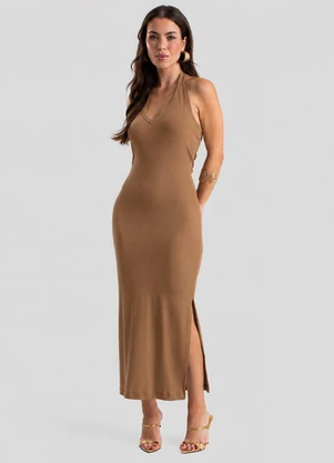 Dianna - Vestido Midi Feminino com Decote V Marrom - DIANNA
