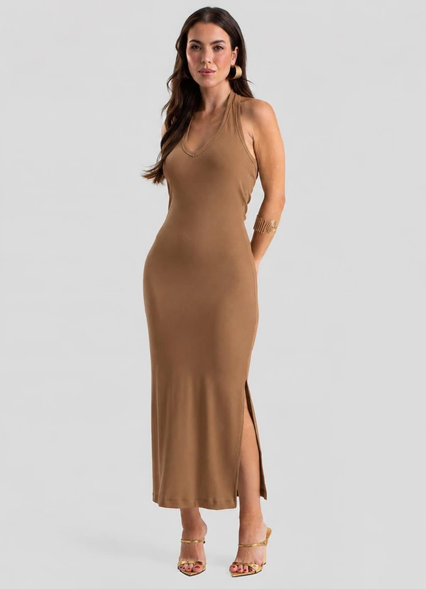 Dianna - Vestido Midi Feminino com Decote V Marrom