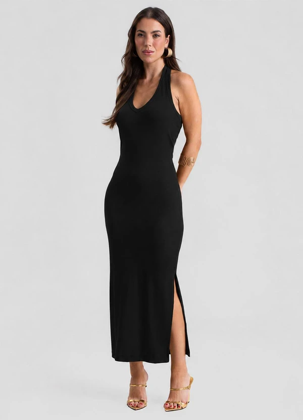 Dianna - Vestido Midi Feminino com Decote V Preto