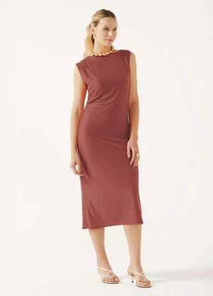 Marialícia - Vestido Midi Feminino com Franzido Laranja - MARIALÍCIA
