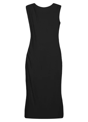 Marialícia - Vestido Midi Feminino com Franzido Preto - MARIALÍCIA