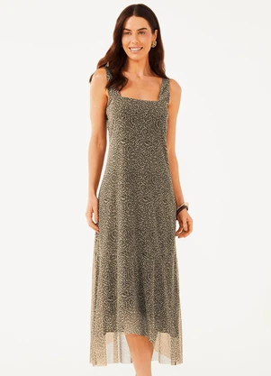 Marialícia - Vestido Midi Feminino com Tule Bege - MARIALÍCIA