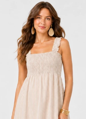 Rovitex - Vestido Midi Feminino de Alça Listrado Marrom - ROVITEX