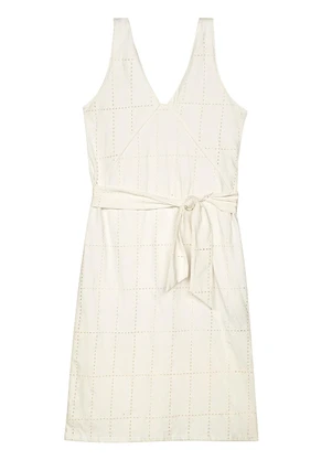 Marialícia - Vestido Midi Feminino Devorê com Faixa Bege - MARIALÍCIA