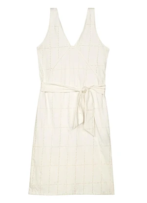 Marialícia - Vestido Midi Feminino Devorê com Faixa Bege - MARIALÍCIA