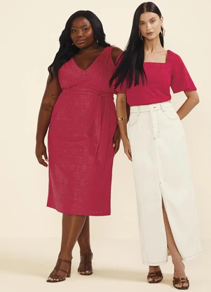 Marialícia - Vestido Midi Feminino Devorê com Faixa Vermelho - MARIALÍCIA