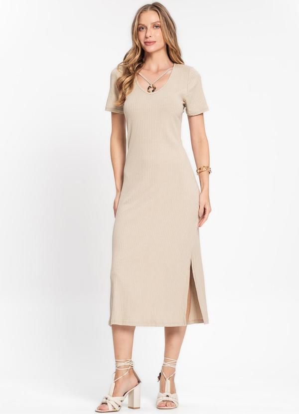Rovitex - Vestido Midi Feminino em Ribana Canelada Bege
