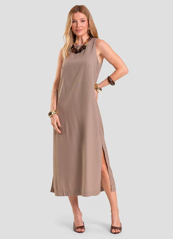 Dianna - Vestido Midi Feminino em Tecido Linho Marrom