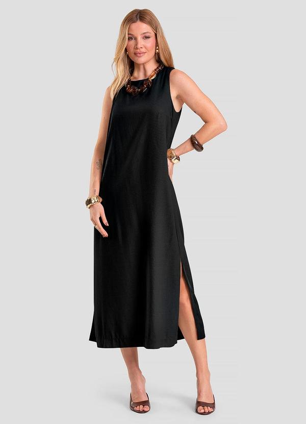 Dianna - Vestido Midi Feminino em Tecido Linho Preto