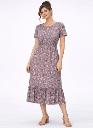 Select - Vestido Midi Feminino Estampado Helanca Bege - SELECT