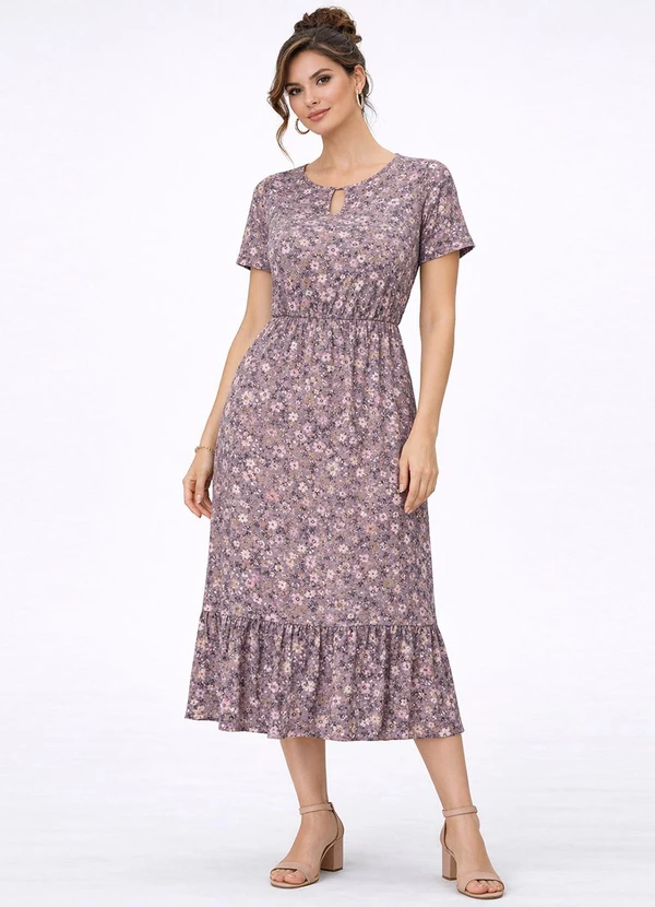 Select - Vestido Midi Feminino Estampado Helanca Bege
