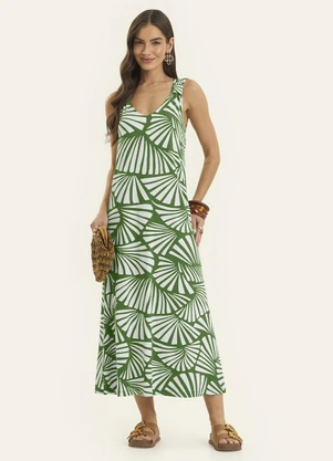 Rovitex - Vestido Midi Feminino Gola V Viscotorcion Verde - ROVITEX