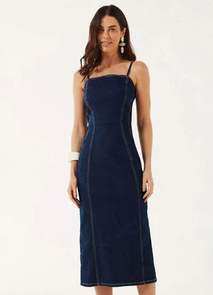 Marialícia - Vestido Midi Feminino Jeans Zíper Azul - MARIALÍCIA