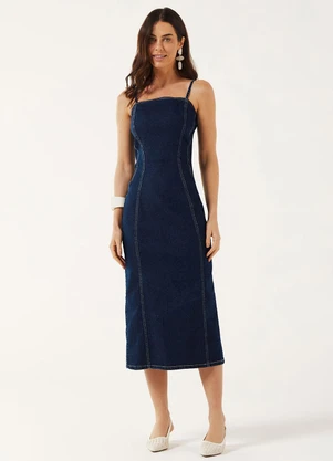 Marialícia - Vestido Midi Feminino Jeans Zíper Azul - MARIALÍCIA