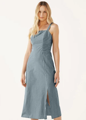 Marialícia - Vestido Midi Feminino Listrado Azul - MARIALÍCIA