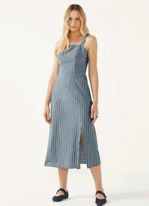 Marialícia - Vestido Midi Feminino Listrado Azul - MARIALÍCIA