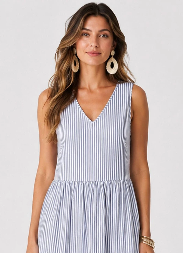 Rovitex - Vestido Midi Feminino Listrado Azul