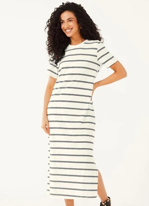 Marialícia - Vestido Midi Feminino Listrado Bege - MARIALÍCIA