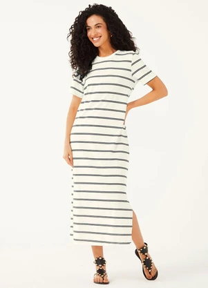 Marialícia - Vestido Midi Feminino Listrado Bege - MARIALÍCIA