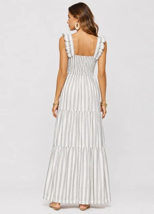 Rovitex - Vestido Midi Feminino Listrado com Lastex Cinza - ROVITEX