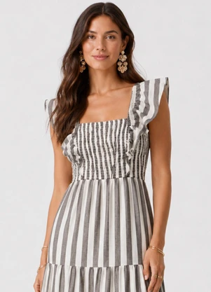 Rovitex - Vestido Midi Feminino Listrado com Lastex Preto - ROVITEX