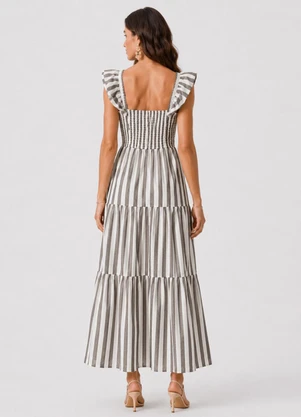 Rovitex - Vestido Midi Feminino Listrado com Lastex Preto - ROVITEX