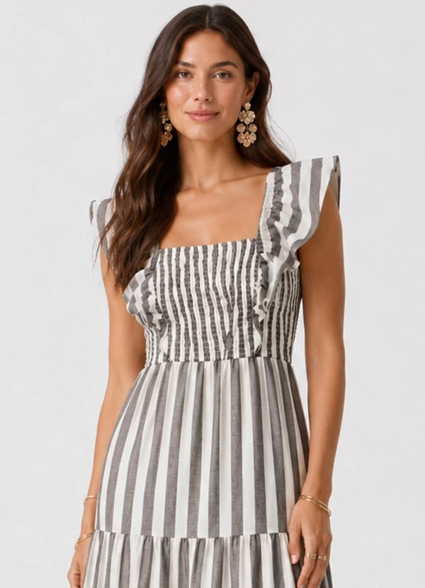 Rovitex - Vestido Midi Feminino Listrado com Lastex Preto